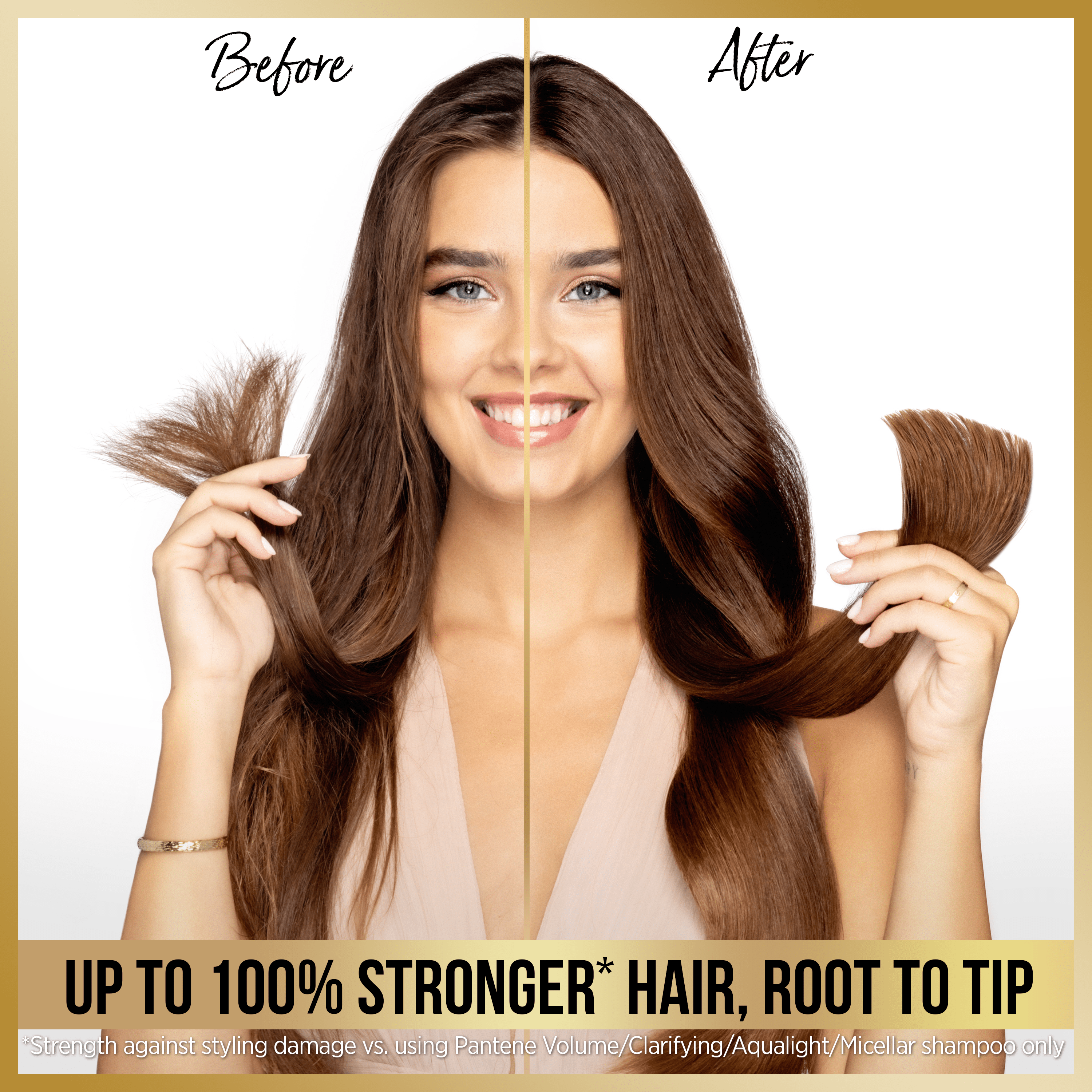 Hair before and after using Pantene Infinite Lengths Strengthening Conditioner