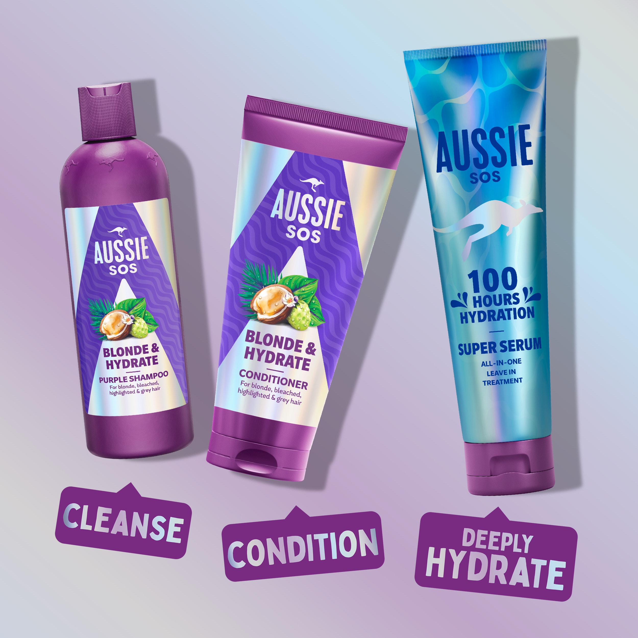 Aussie SOS Blonde & Hydrate Purple Shampoo 300ml for Bleached, Highlighted and Grey Hair