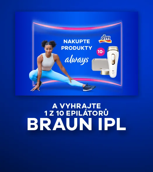 Soutěžní baner Always a Braun: Na modrém pozadí je text"Nakuppte produkty Always a vyhrajte 1 z 10 epilátorů Braun IPL". Vlevo je žena ve sportovním oblečení, vpravo epilátor Braun IPL s číslem 10 v růžovém kolečku.
