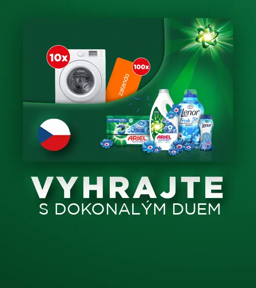 Soutěžní banner Ariel a Lenor: Na tavě zeleném pozadí je text "Vyhrajte s dokonalým duem". Nad textem v pravo jsou produkty Ariel a Lenor. Vlevo je šeská vlajka, pračka a oranžový voucher.