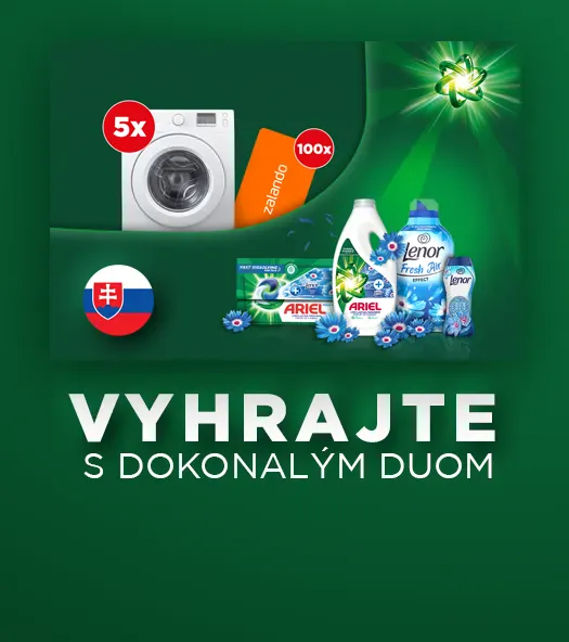 Súťažný banner Ariel a Lenor: Na tmavo zelenom pozadí je text „Vyhrajte s dokonalým duom“. Nad textom vpravo sú produkty Ariel a Lenor. Vľavo je slovenská vlajka, práčka a oranžový poukaz.