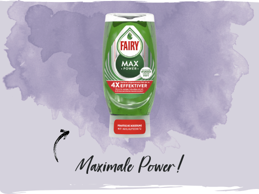 Eine Flasche grünes Fariy Max Power Spülmittel auf lila Hintergrund. Daneben steht der Satz: Maximale Power!