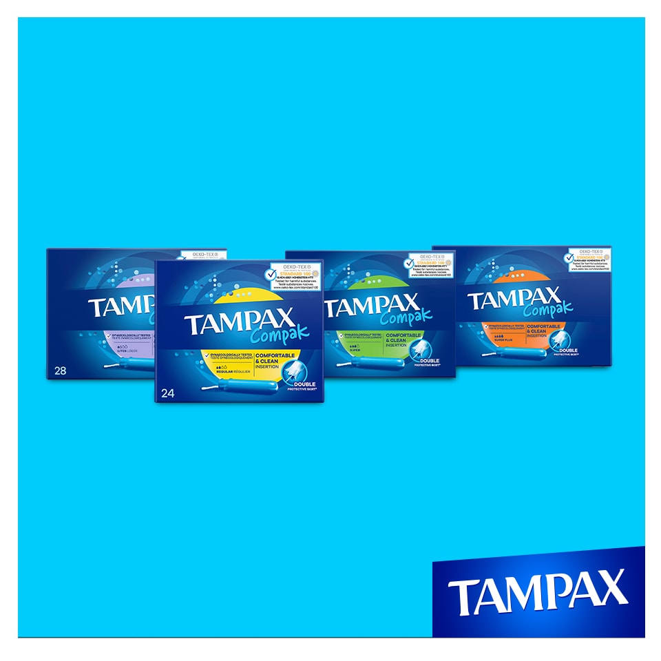 4 boîtes de Tampax Compak : léger, régulier, super, super plus.