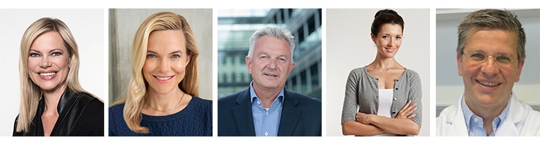 Nina Ruge (Moderatorin), Dr. Patricia Ogilvie (Hautärztin & Allergologin), Prof. Dr. Ralf Rößler (Zahnarzt), Dr. Martina Stotz (Psychologin & Lehrerin), Prof. Dr. Dirk Bockmühl (Hygieniker & Mikrobiologe)