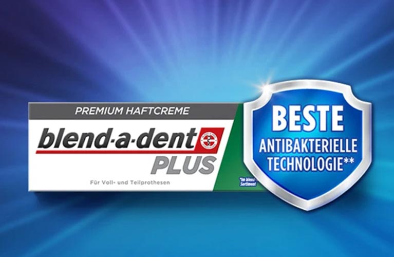 blend-a-dent Plus Beste Antibakterielle Technologie Premium Haftcreme unterstützt die Mundgesundheit.
