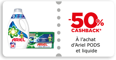 -50% cashback à l'achat d'Ariel pods et liquide
