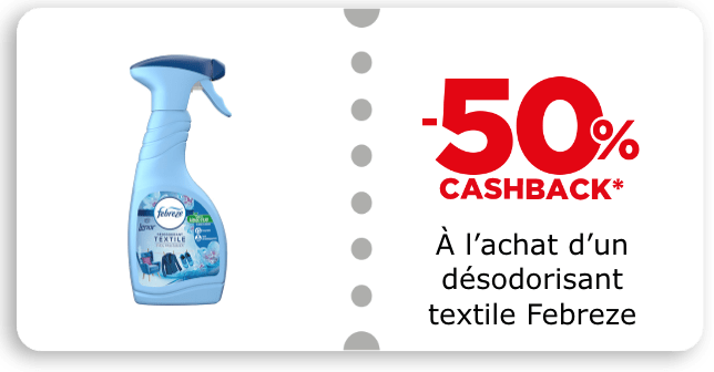-50% cashback à l'achat d'un désodorisant textile Febreze