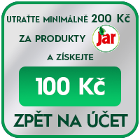 Baner: na stříbrném pozadí zelený text "Utraťte minimálně 200 Kč za produkty Jar a získejte 100 Kč zpět na účet"