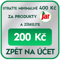 Baner: na stříbrném pozadí zelený text "Utraťte minimálně 400 Kč za produkty Jar a získejte 200 Kč zpět na účet"