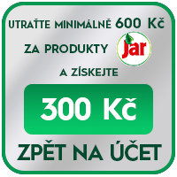 Baner: na stříbrném pozadí zelený text "Utraťte minimálně 600 Kč za produkty Jar a získejte 300 Kč zpět na účet"