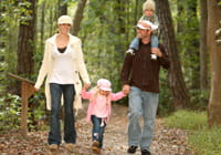 Familie, die im Wald spazieren geht
