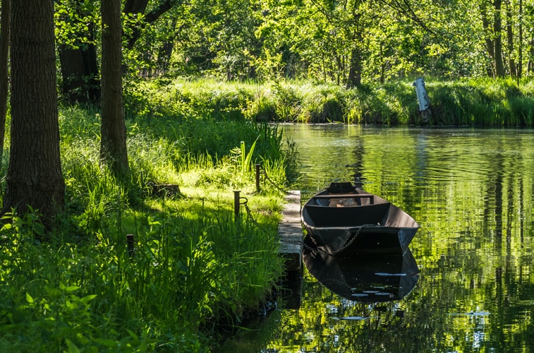 Kleiner See mit Boot in einem Wald in Brandenburg.