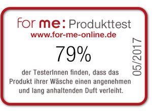79 % der TesterInnen finden, dass das Produkt ihrer Wäsche einen angenehmen und lang anhaltenden Duft verleiht.