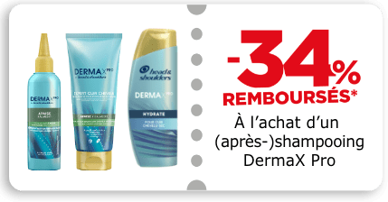 -34% remboursés à l'achat d'un (après) shampoing  dermax pro