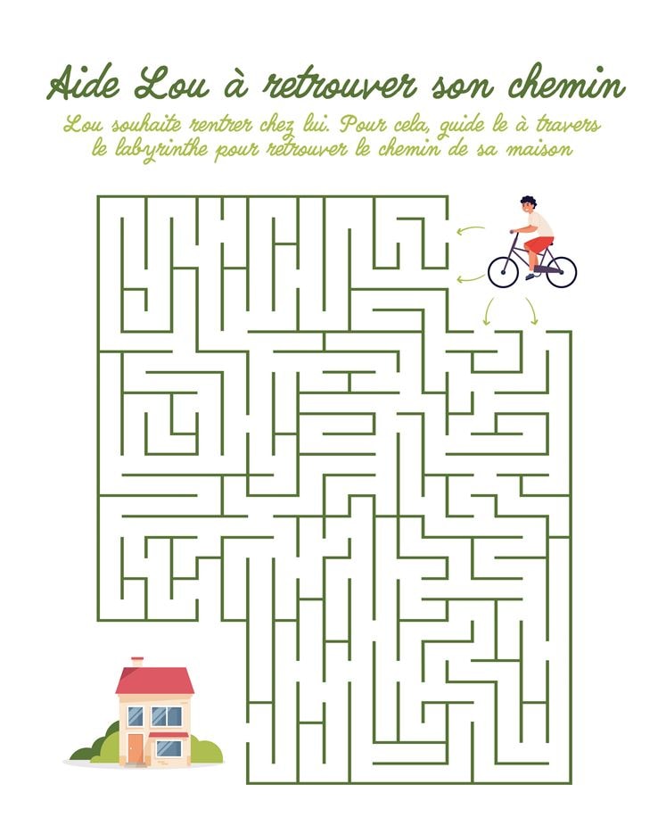 Jeu du labyrinthe pour enfant, il faut relier le vélo à la maison