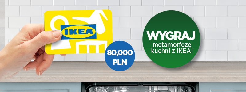 Konkurs Fairy i Ikea, w której można wygrać metamorfozę kuchni z IKEA o wartości 80 000 PLN. W centralnej części znajduje się opakowanie kapsułek do zmywarki, a obok karta podarunkowa IKEA i kuchenne akcesoria ze stali nierdzewnej.