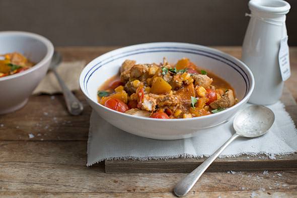 Moroccan chicken, pumpkin and corn stew